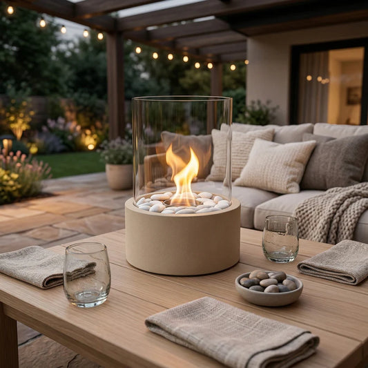 Tischkamin – Rund – Sand – Metall/Glas