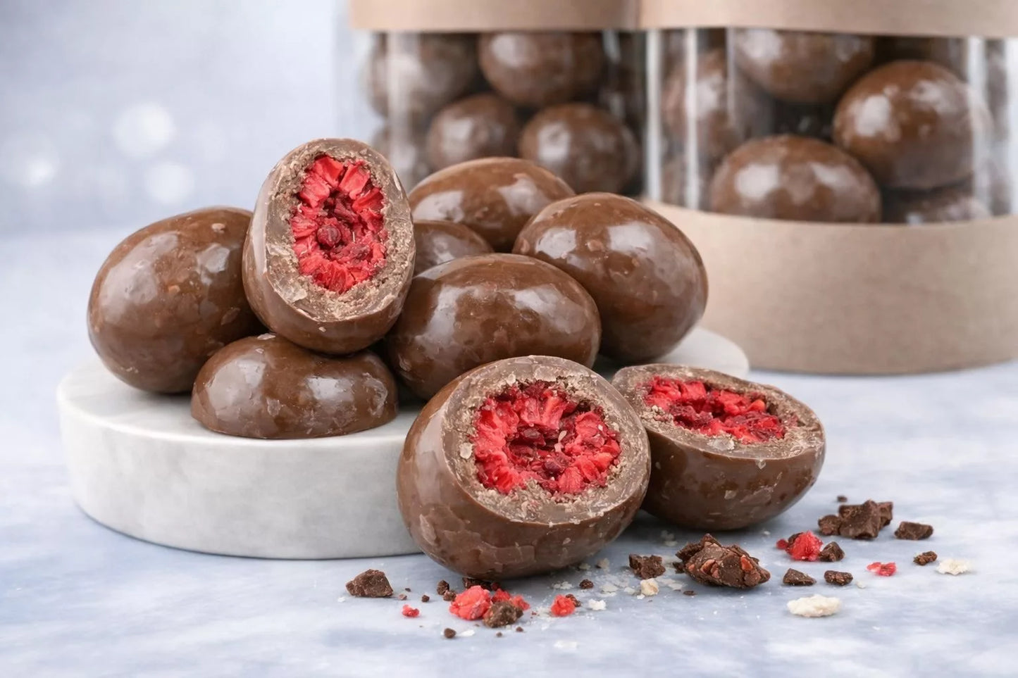 Gefriergetrocknete Himbeeren in Vollmilchschokolade