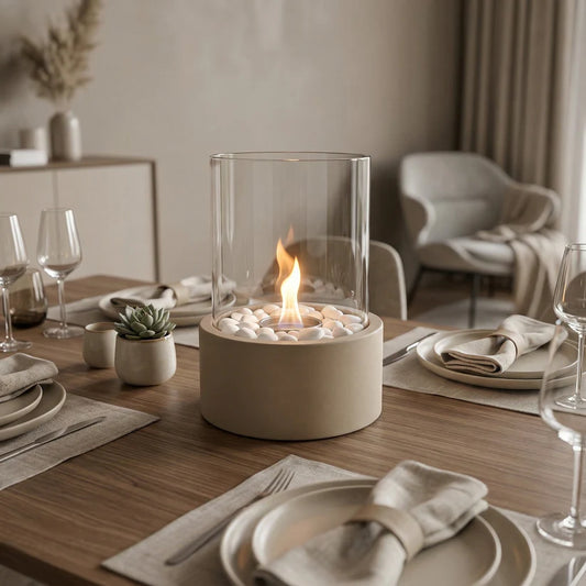 Tischkamin – Rund – Sand – Metall/Glas