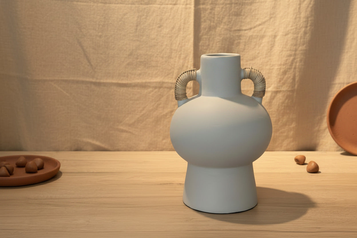 Terracotta-Vase im Boho-Stil mit mit Rattan umwickelten Henkeln