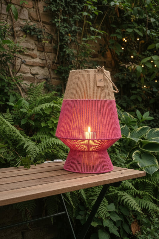 Laterne Bella  Jute mit Glaseinsatz - nat/fuchsi