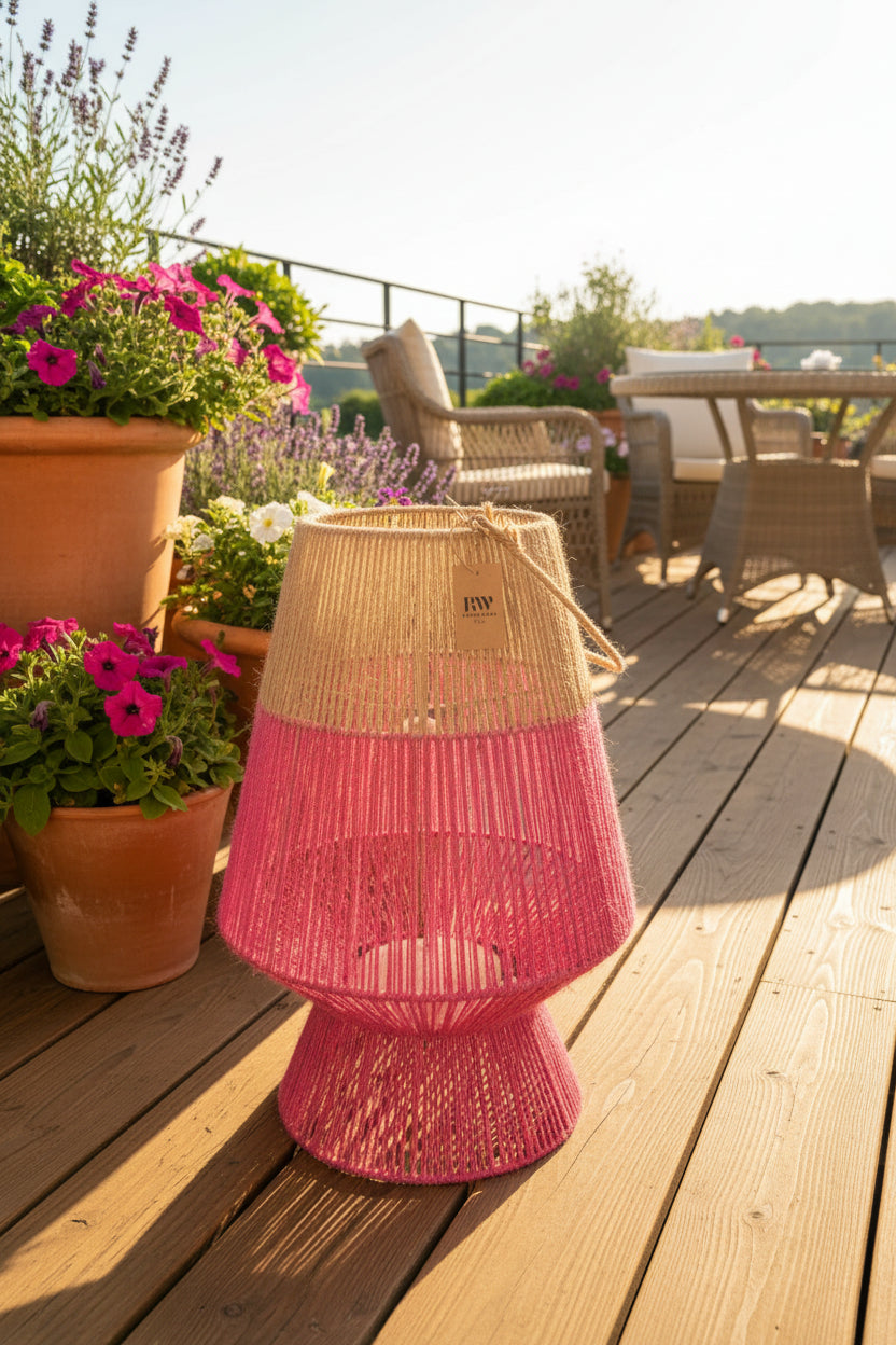 Laterne Bella  Jute mit Glaseinsatz - nat/fuchsi