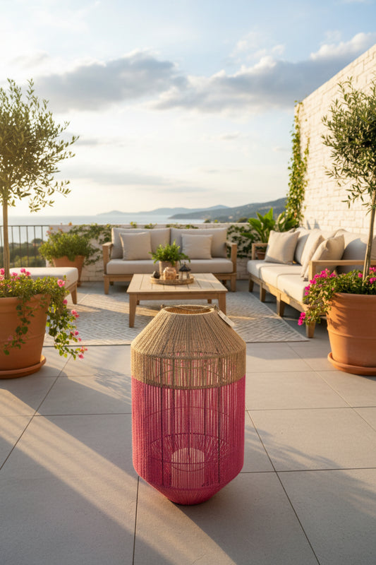 Windlicht Laterne PINK Jute Natur/Fuchsia, Ø 34cm H 60cm