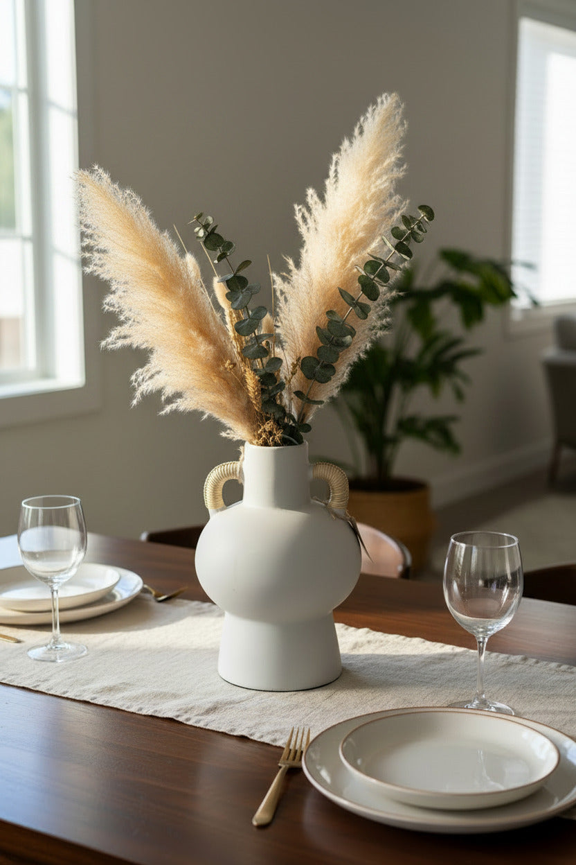 Terracotta-Vase im Boho-Stil mit mit Rattan umwickelten Henkeln
